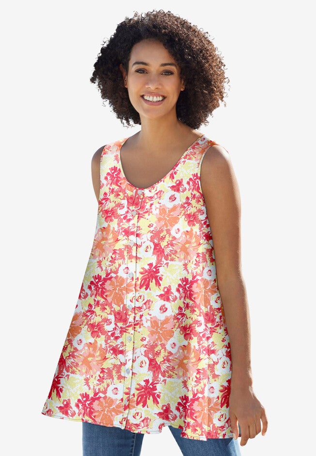 Button-Front Linen Tank, SWEET CORAL FLORAL, hi-res image number null