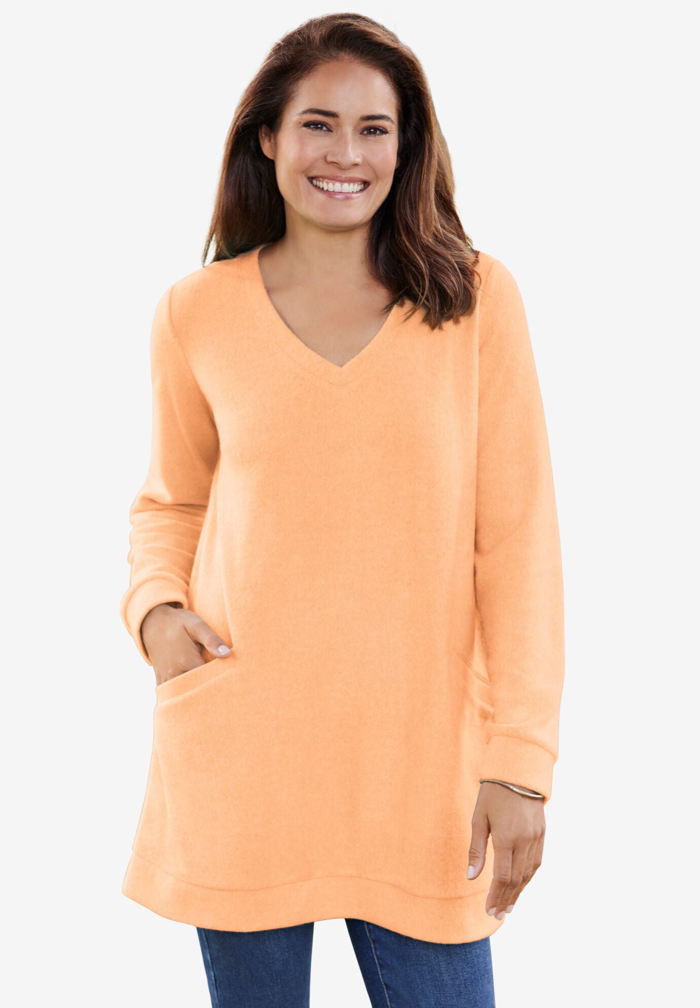 Sherpa Sweatshirt Tunic with Pockets Cozy V Neck Raspberry Sorbet Woman Within