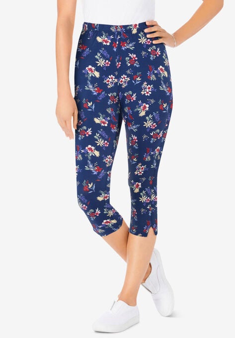 Stretch Cotton Printed Capri Legging, EVENING BLUE MIXED BOUQUET, hi-res image number null