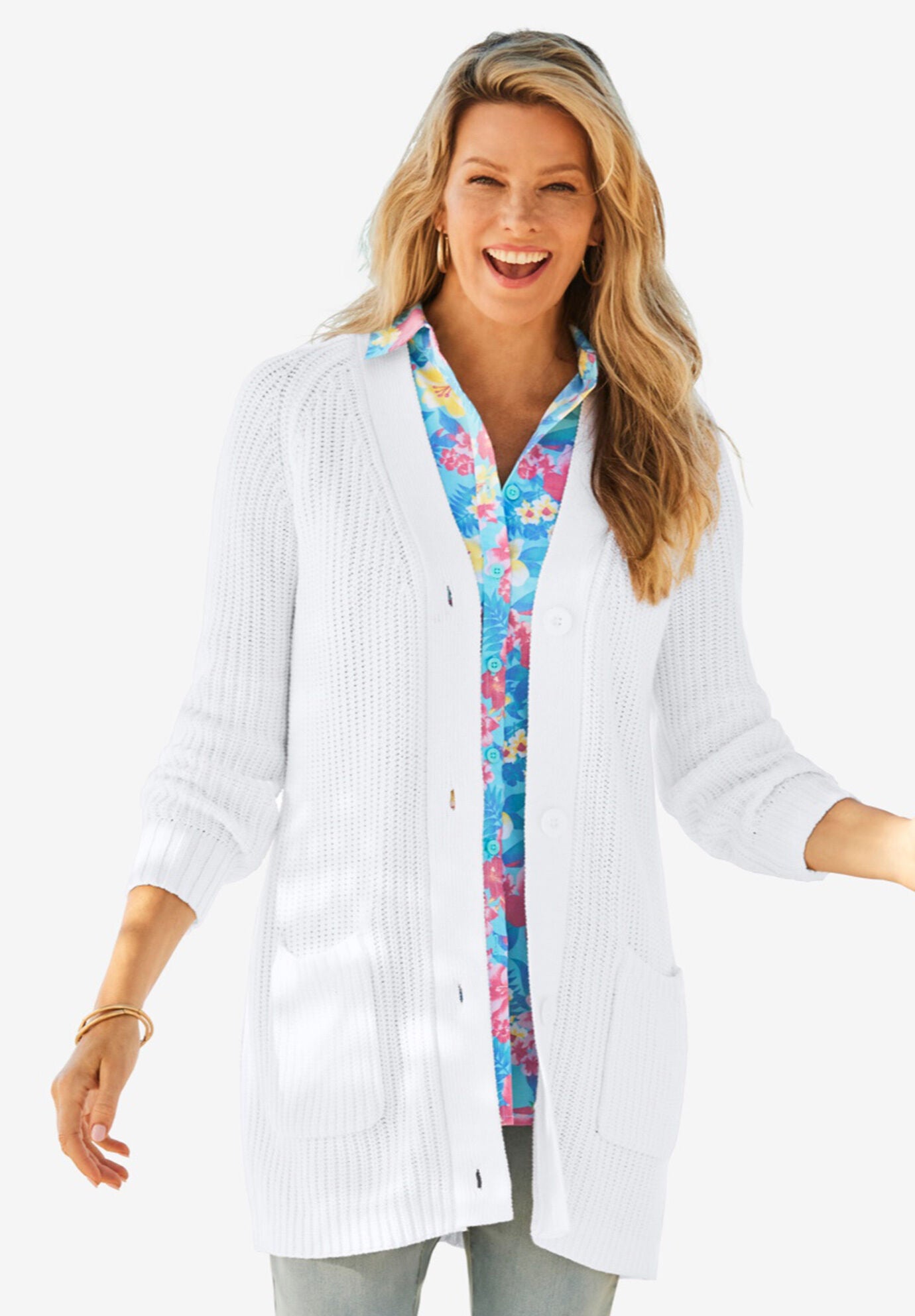 Plus Size Women s Button Front Shaker Cardigan by Woman Within in Soft Camel Ivory Marled Size 1X Sweater