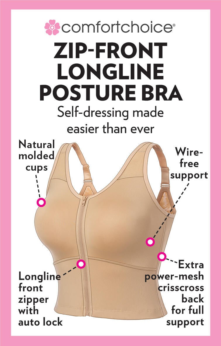 Comfort Choice® Longline Zip-Front Posture Bra, NUDE, alternate image number 4