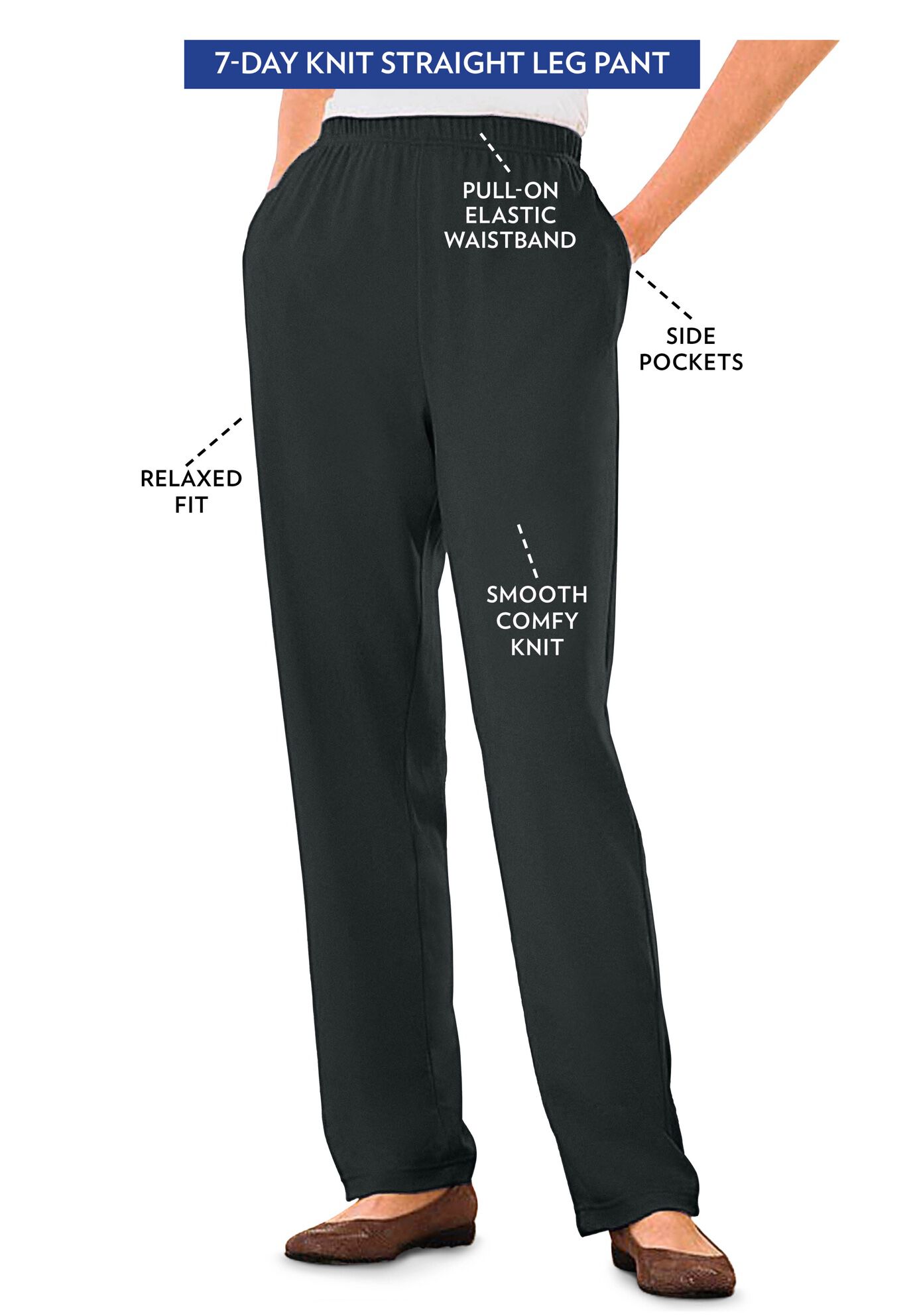 7-Day Knit Straight Leg Pant with Elastic Waist, Black