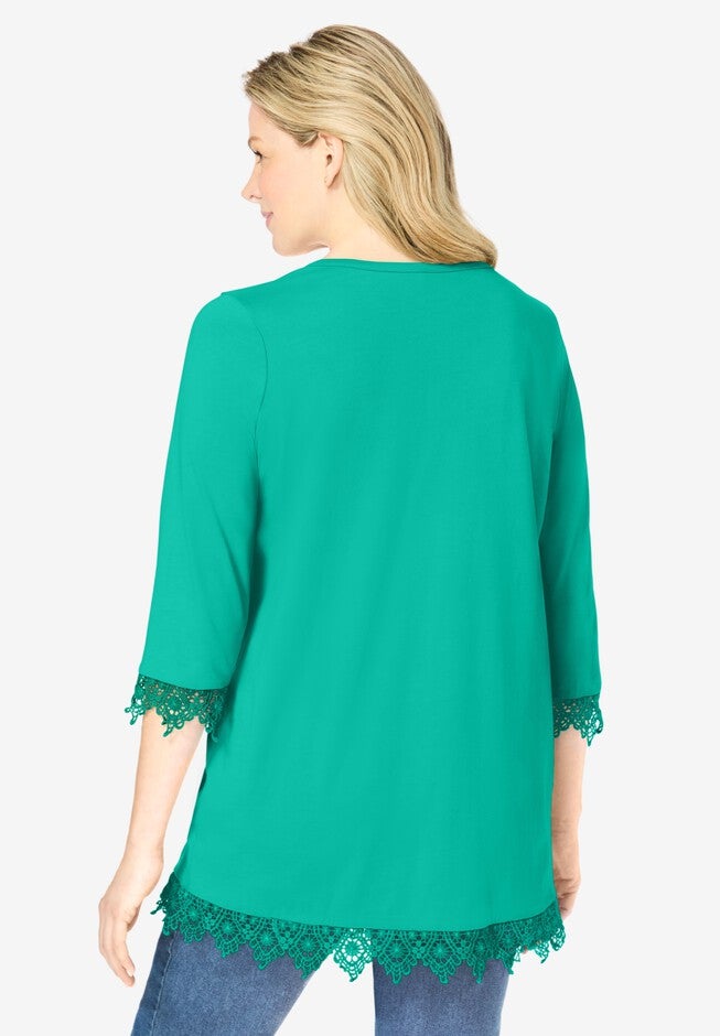 Pintuck Henley Crochet Trim Tunic, PRETTY JADE, on-hover image number null