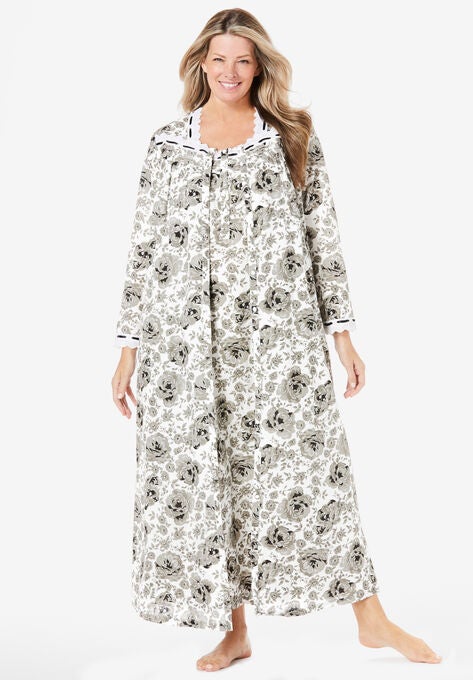 2-Piece Cabbage-Rose Print Peignoir Set, BLACK WHITE FLORAL, hi-res image number null