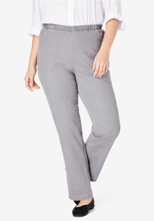 Pull-On Elastic-Waist Stretch Fineline Denim Jeans, GREY DENIM, hi-res image number 0