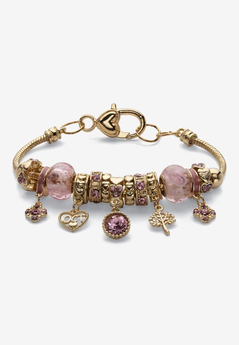 Goldtone Antiqued Birthstone Bracelet (13mm), Round Crystal 8 inch Adjustable, OCTOBER, hi-res image number null