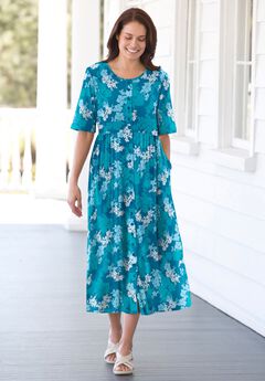 Button-Front Elbow-Sleeve Knit Dress