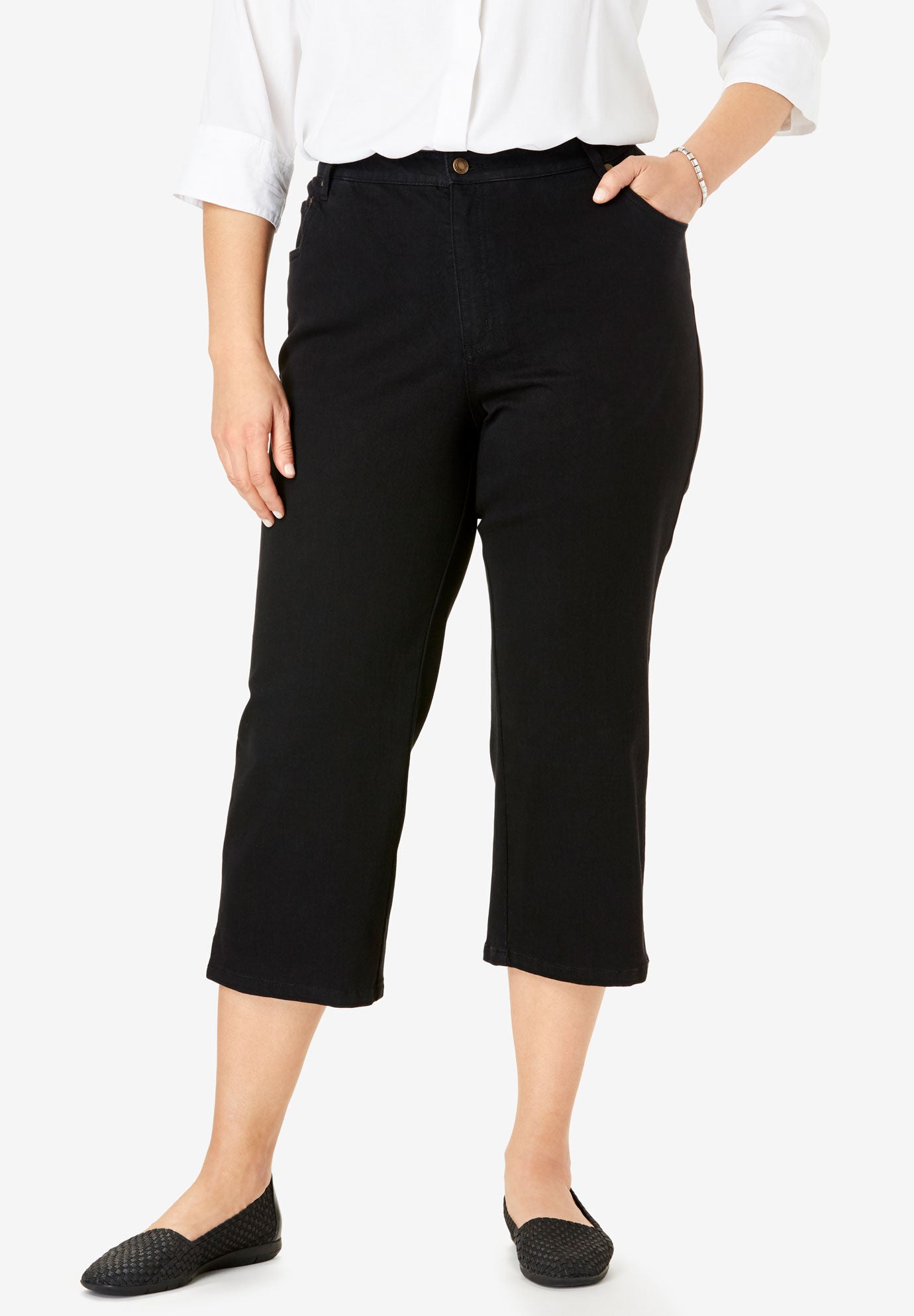 Stretch Denim Five-Pocket Capri Jeans, BLACK DENIM, hi-res image number 0