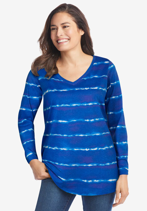 Perfect Printed Long-Sleeve V-Neck Tee, ULTRA BLUE TIE-DYE STRIPE, hi-res image number null