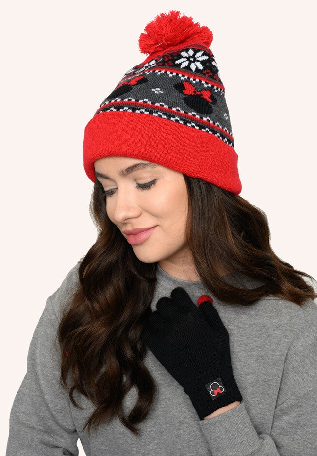 Disney Adult Minnie Mouse Knit Beanie Hat & Texting Gloves Red Gray 2-Pc Set, , alternate image number 5