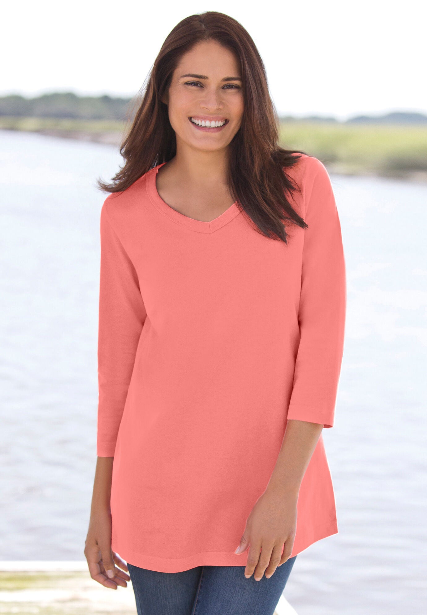 MULTIPLES Women's Three-Quarter Sleeve V-Neck Tunic Top With Embellishment - Slimsation Tummy Control Panel, Missy & Plus Sizes - View #6