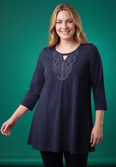 Crochet-Detailed Keyhole Neck Swing Tunic