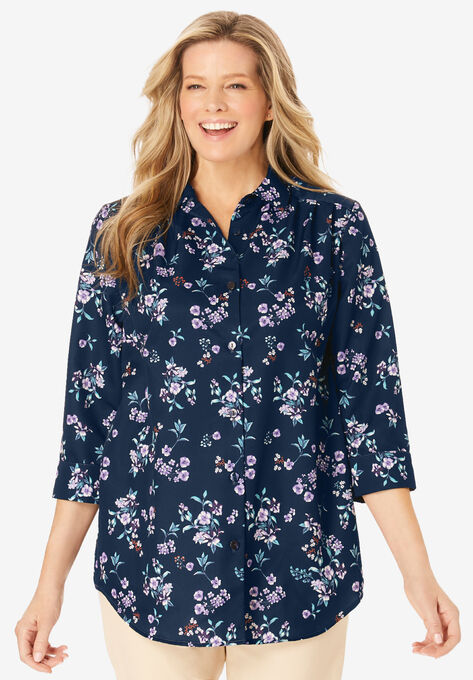 Cuffed Sleeve Peachskin Button Down Shirt, NAVY FLORAL, hi-res image number null