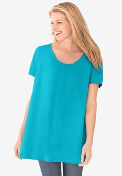 Perfect Short-Sleeve Shirred U-Neck Tunic