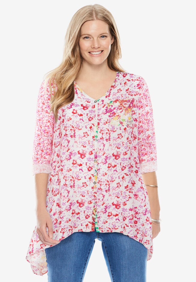 Asymmetrical Floral Tunic, VIVID RED BOUQUET FLORAL, hi-res image number 0