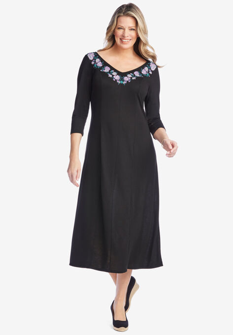 Rose Embroidered V-Neck Dress, BLACK ROSE EMBROIDERY, hi-res image number null