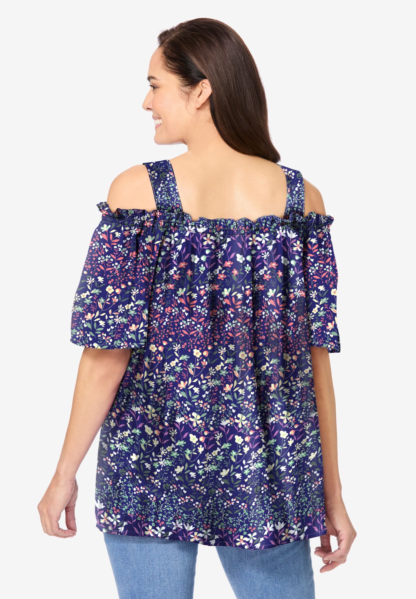 Printed Cold-Shoulder Blouse, NAVY GARDEN PRINT, on-hover image number 1