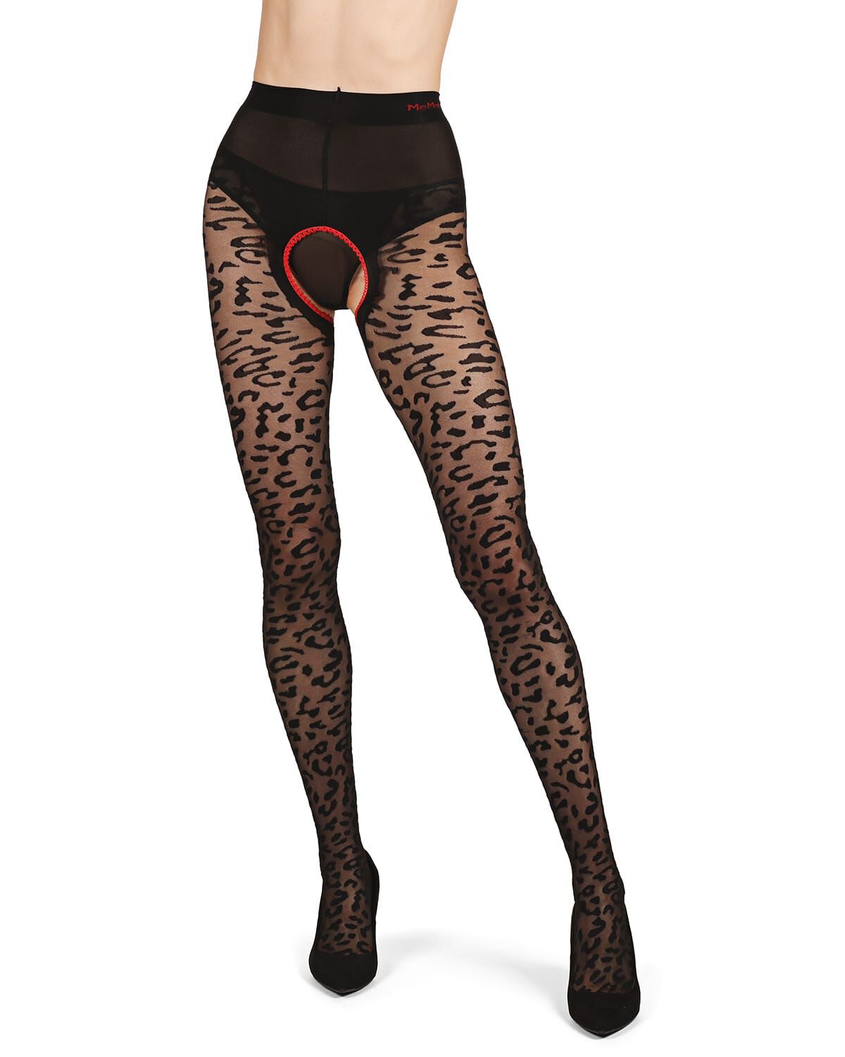 Women&#39;s Born To Be Wild Leopard Crotchless Sheer Pantyhose, BLACK RED, alternate image number 1