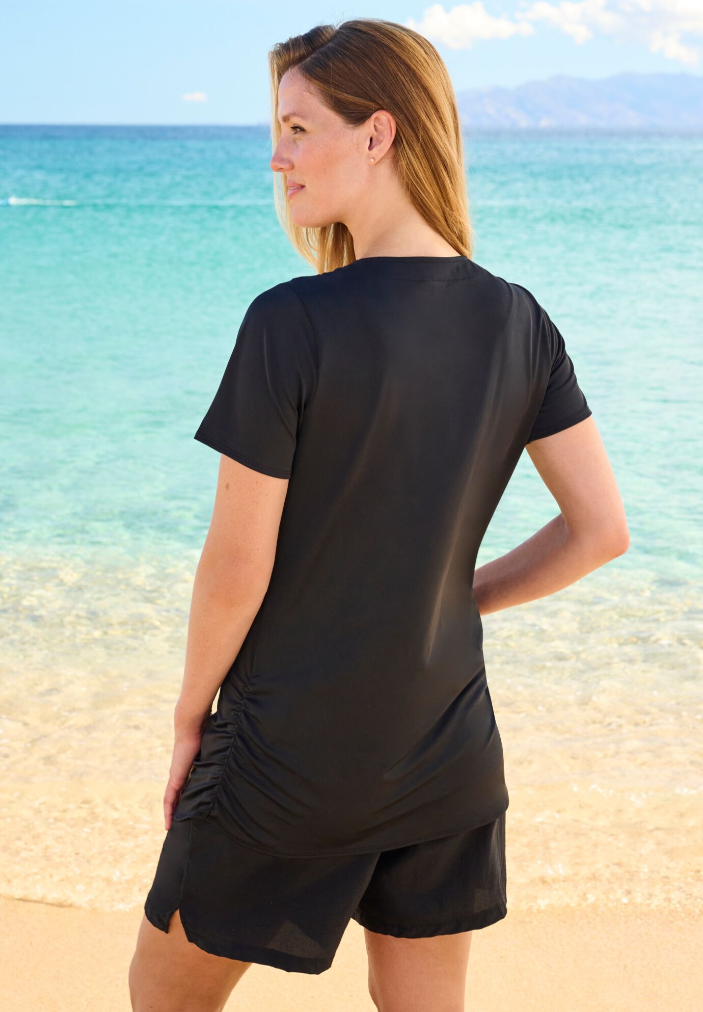 Split-Neck Short Sleeve Swim Tee with Built-In Bra