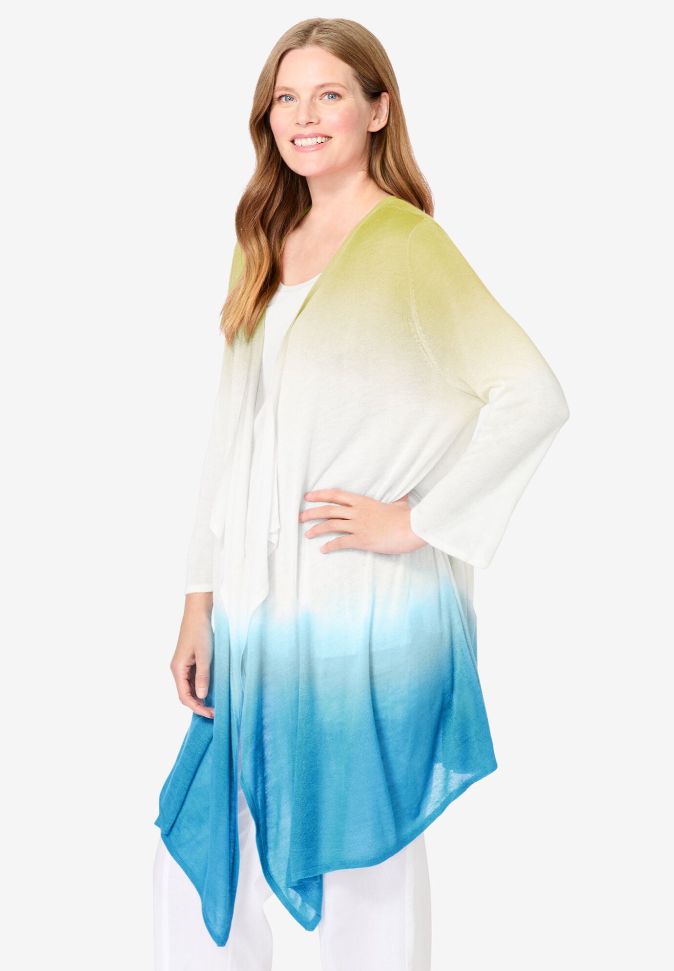 Lightweight Ombr&egrave; Open Front Cardigan Sweater, LIME PARADISE BLUE OMBRE, alternate image number 2