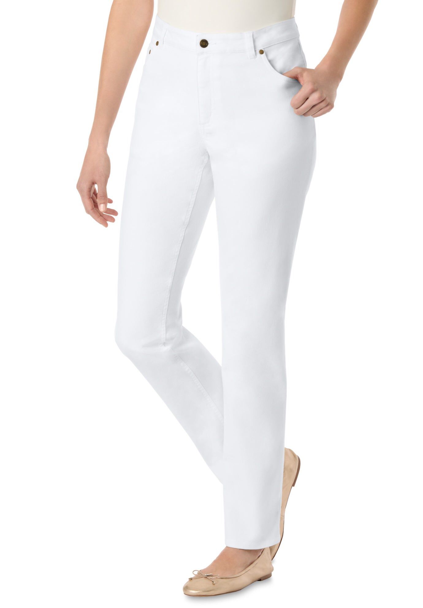 Stretch Denim 5-Pocket Straight-Leg Jeans, WHITE, hi-res image number 0