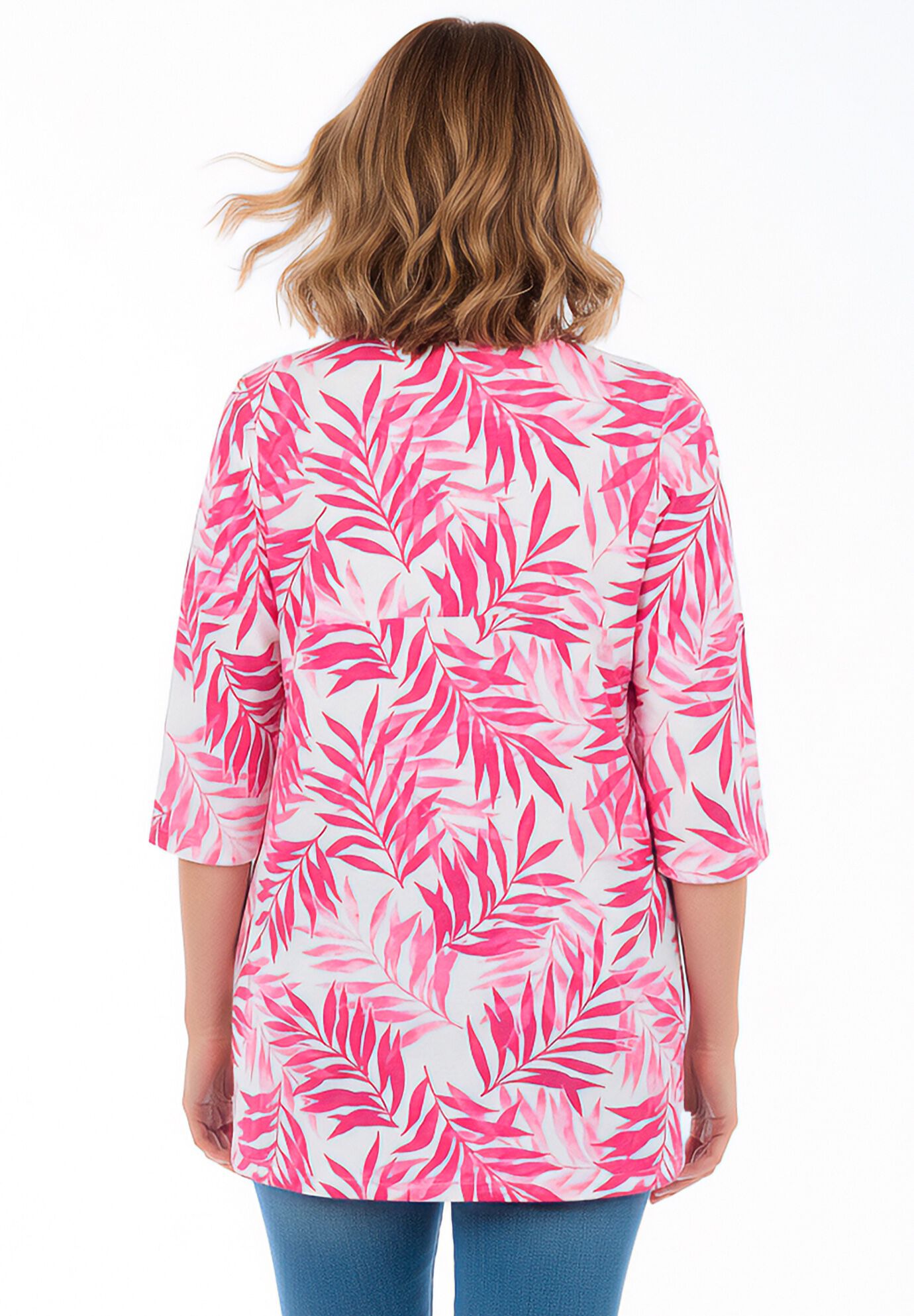 Perfect Printed Three-Quarter-Sleeve V-Neck Tunic, RASPBERRY PALM LEAVES, on-hover image number 1