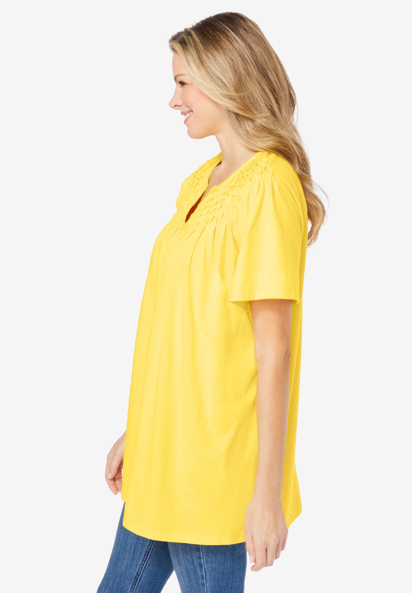 Smocked Split Neck Tunic, PRIMROSE YELLOW, alternate image number 2