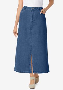Stretch Denim Front-Slit Skirt