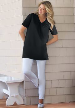 Perfect Short-Sleeve Shirred V-Neck Tunic