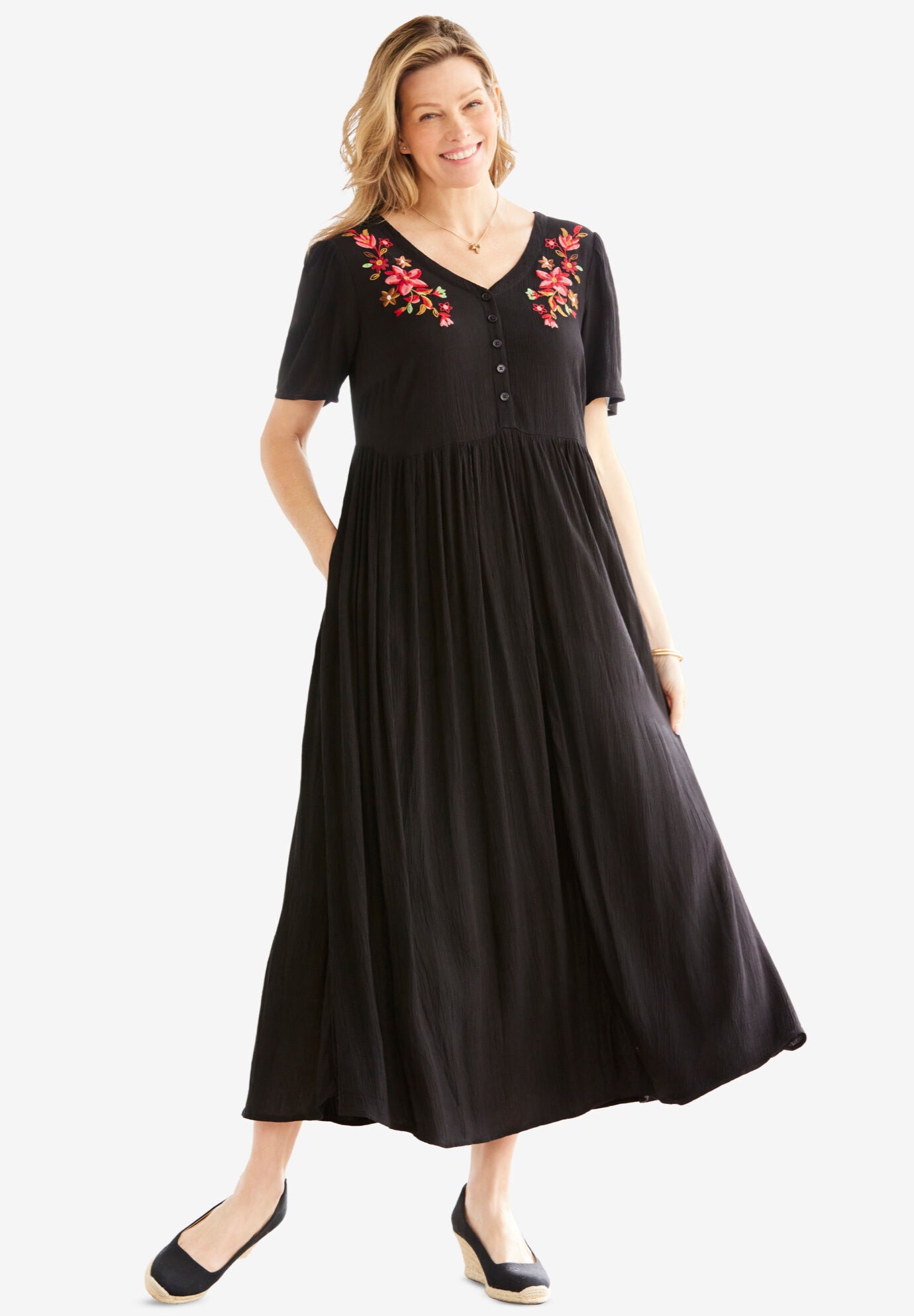 Empire Waist Button Placket Crinkle Dress, BLACK FLOWER EMBROIDERY, hi-res image number 0