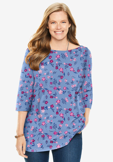Perfect Printed Three-Quarter Sleeve Boat-Neck Tee, FRENCH BLUE PRETTY FLORAL, hi-res image number null