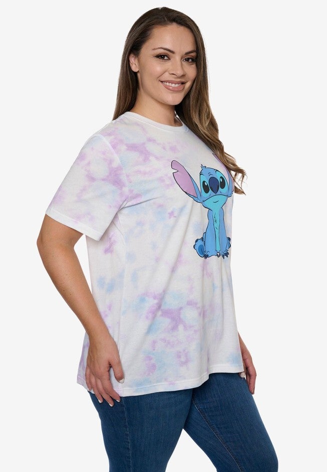 Women's Disney Stitch T-Shirt Tie Dye Print PastelShort Sleeve White, PINK, alternate image number 2