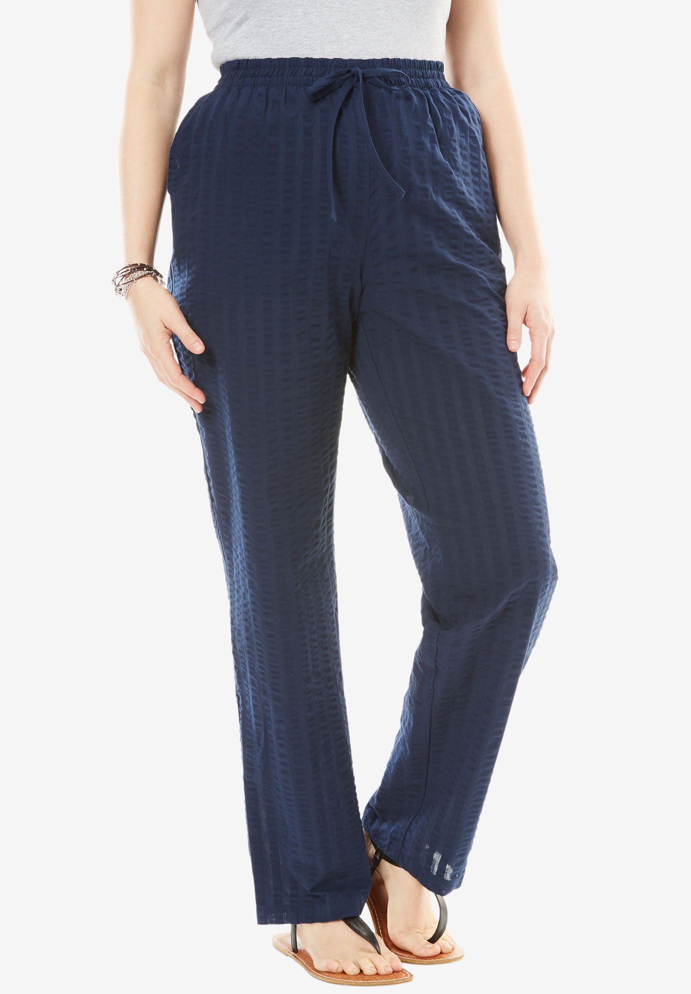 Seersucker Pant - Lightweight Elastic Waist, Navy | Woman Within