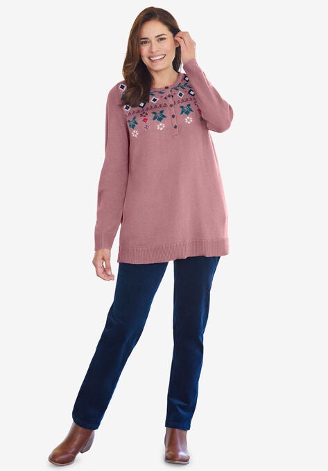 Fair Isle Henley Pullover Sweater, DUSTY PINK MULTI FAIR ISLE, hi-res image number null