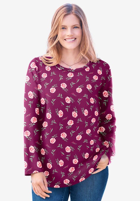 Perfect Printed Long-Sleeve Crewneck Tee, DEEP CLARET ROSEBUD, hi-res image number null