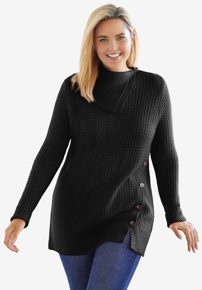 Button-Neck Waffle Knit Sweater, BLACK, hi-res image number 0