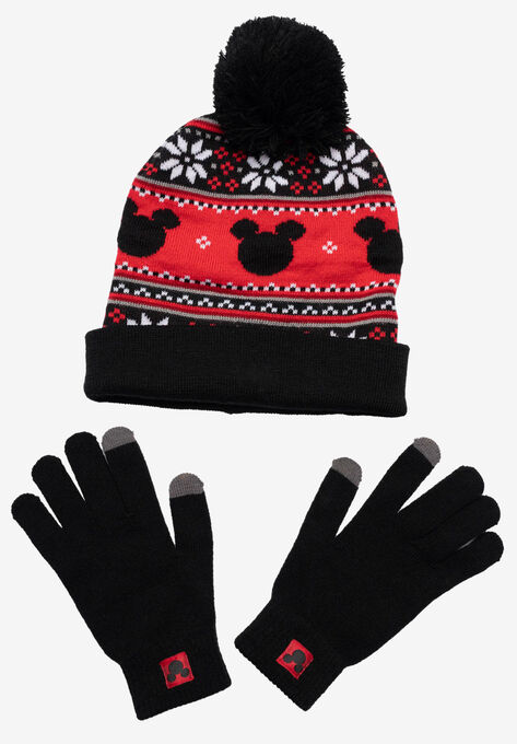 Adult Unisex Disney Mickey Mouse Knit Beanie Hat & Texting Gloves Black 2-PC Set, , alternate image number null