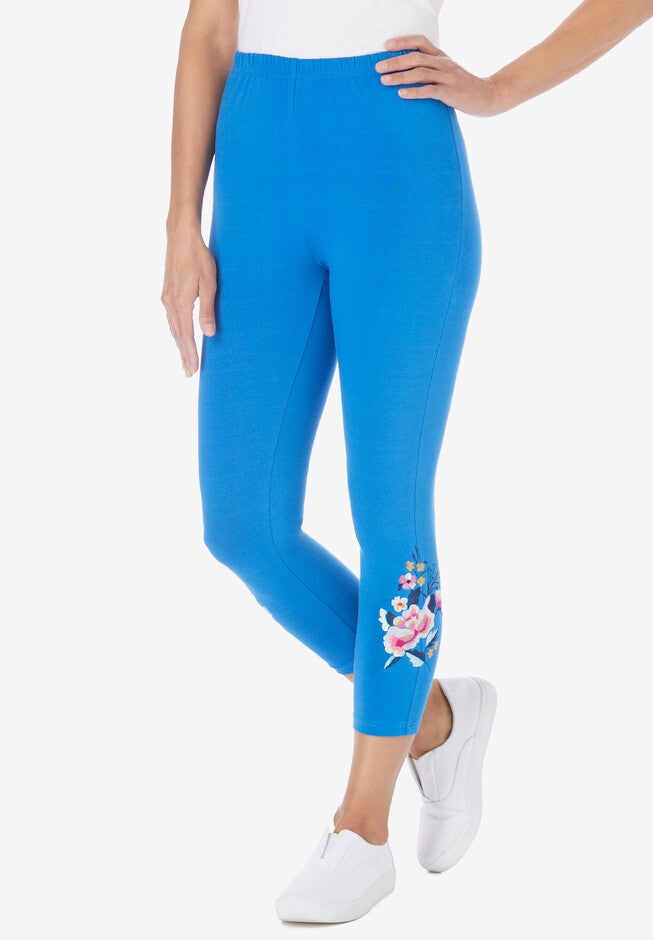 Stretch Cotton Knit Embroidered Legging, BRIGHT COBALT FLORAL PLACEMENT EMBROIDERY, hi-res image number 0