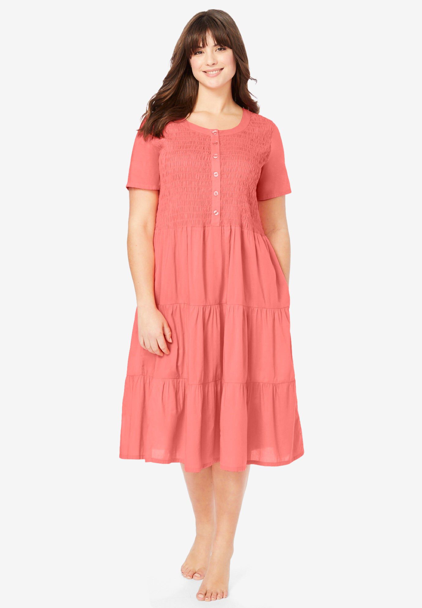 Plus Size Soft Cotton Smock Lounger, Sweet Coral | Woman Within