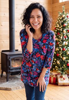 Perfect Printed Three-Quarter-Sleeve Scoopneck Tunic