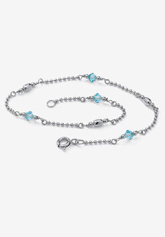 Platinum Plated Silver Ankle Bracelet (2Mm), Round Simulated Birthstone 11 Inches