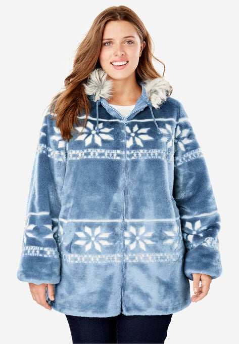 Faux Fur Snowflake Print Hooded Jacket Plus Sizecoats Woman Within