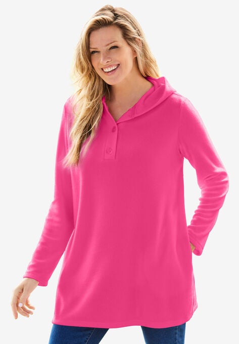 Button-Front Henley Tunic with Hood, RASPBERRY SORBET, hi-res image number null