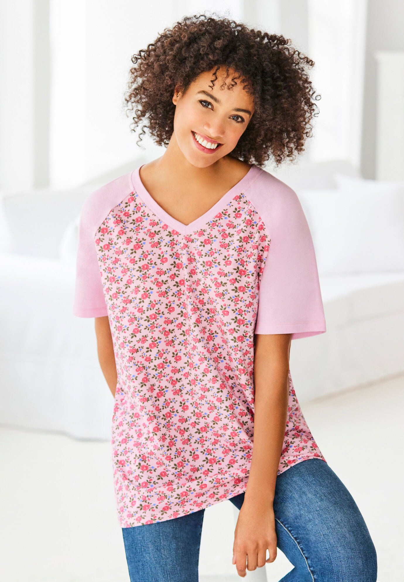 Elbow Sleeve V-Neck Baseball Tee, , alternate image number 3