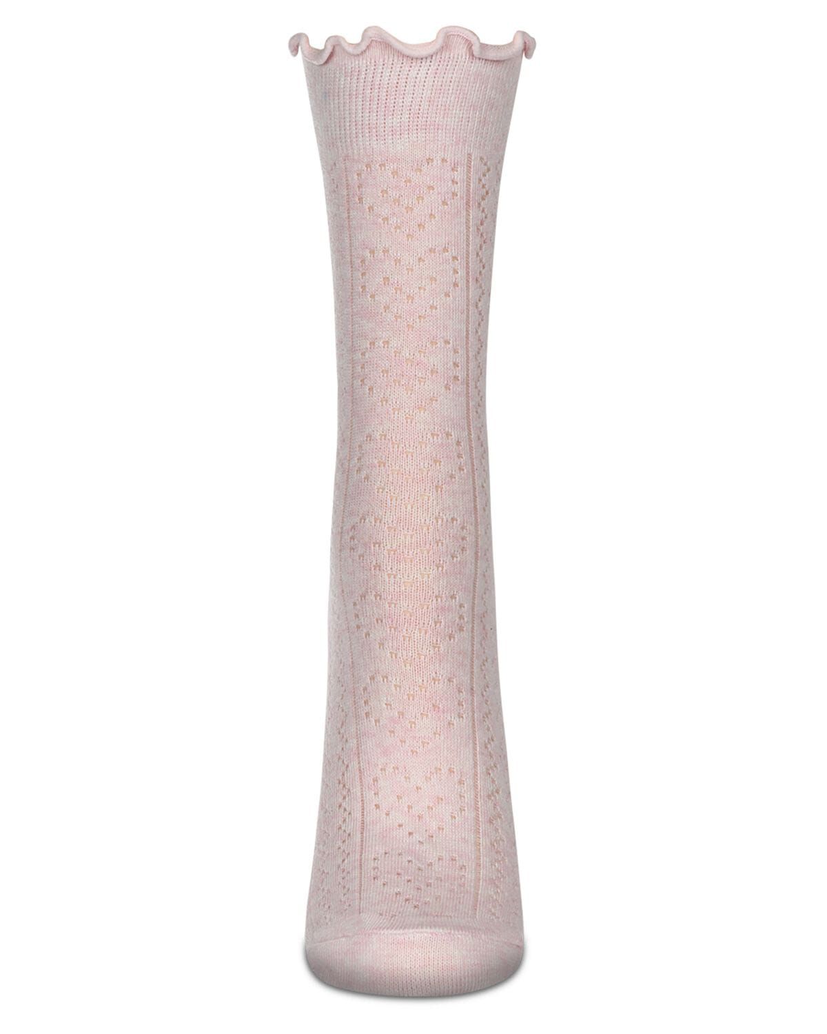 Women&#39;s Heart Ruffle Cuff Pointelle Crew Socks, PINK HEATHER, alternate image number 1