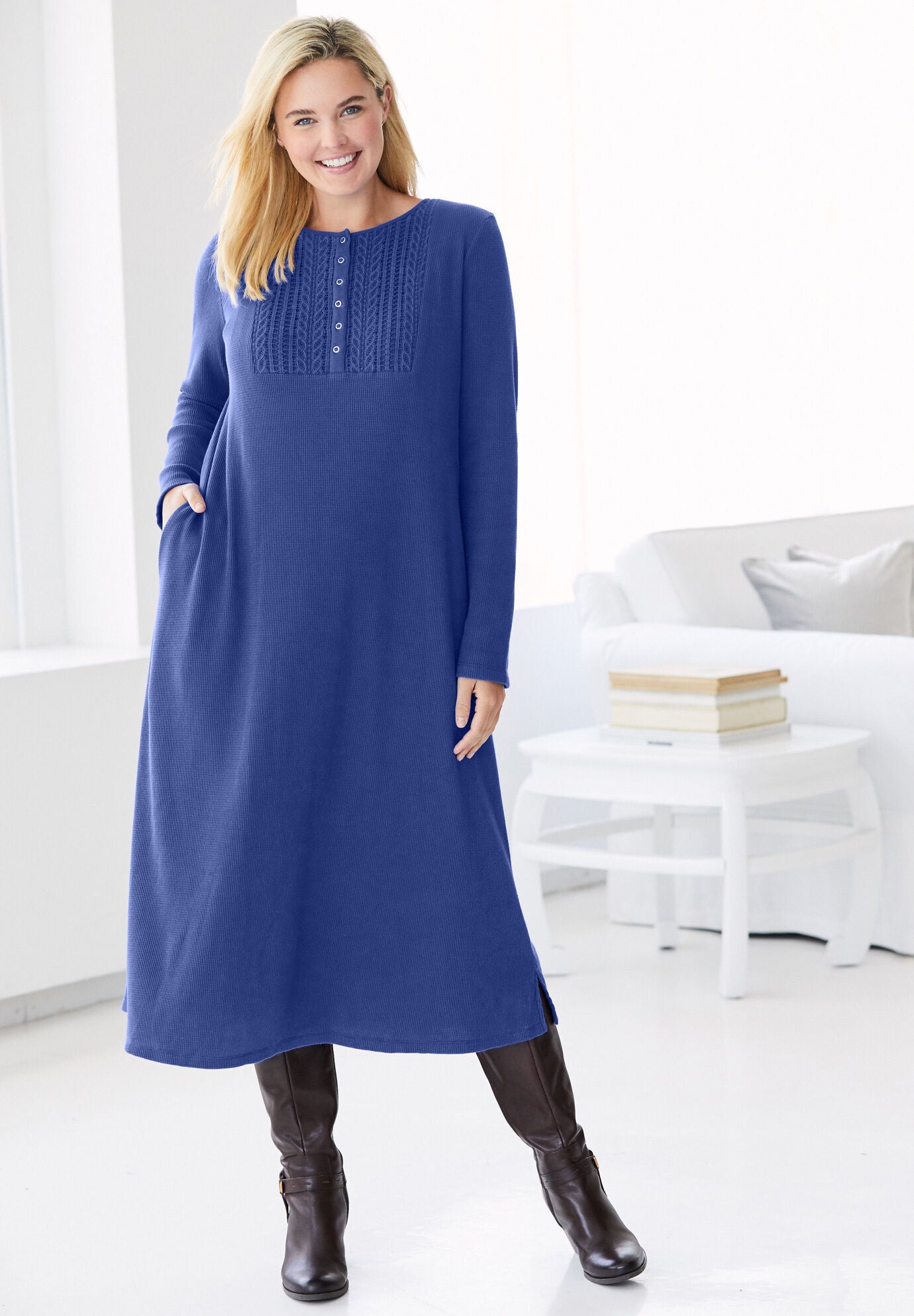 Thermal Knit Dress with Lace Bib Detailing, Deep Claret Woman Within