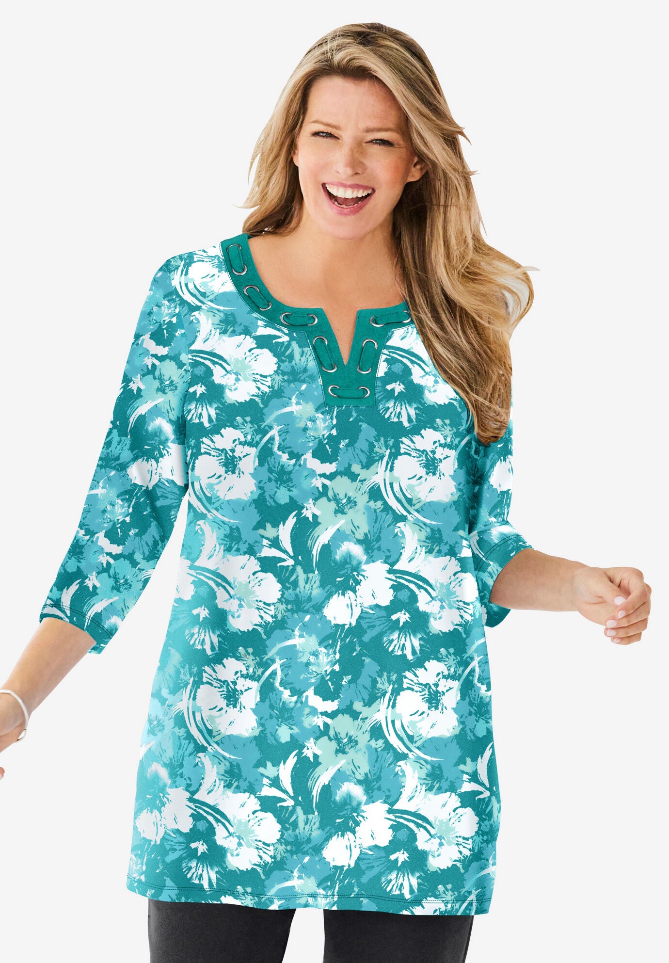 Women Green Printed A-Line Tunic With Three Quarter Sleeves