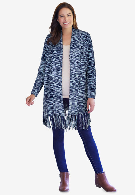 Chenille Fringed Cardigan, EVENING BLUE SPACE DYE, hi-res image number null