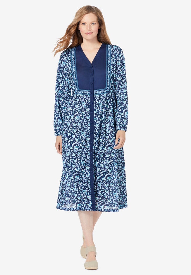 Bib Button-Front Dress, NAVY ROSE GARDEN, hi-res image number 0