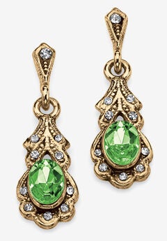 Gold Tone Antiqued Oval Cut Simulated Birthstone Vintage Style Drop Earrings